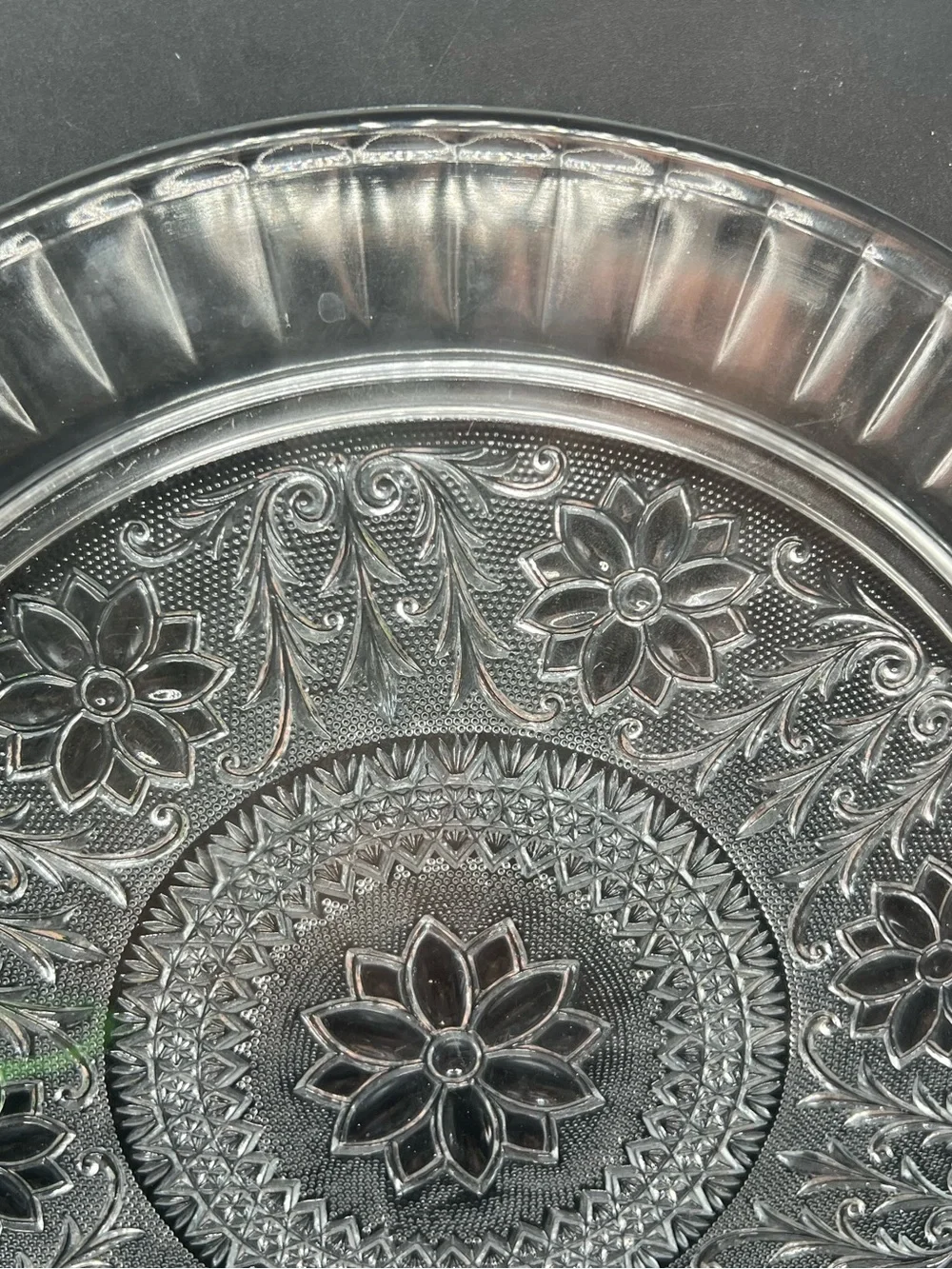 Vintage Heavy Pressed Glass Floral Serving Platter 13” Decorative Cake Plate